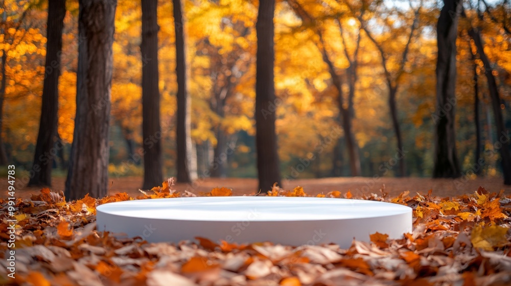 Poster The scene features a smooth, white circular platform nestled among a carpet of orange and yellow autumn leaves. Towering trees with colorful foliage create a peaceful atmosphere in the forest.
