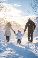 A family of three, a man, a woman and a child, are walking through the snow