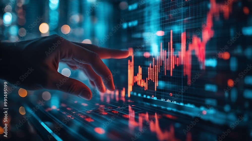 Poster Businessman touch growth graph and progress of business and analyzing financial and investment data business planning and strategy on city background : Generative AI