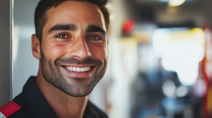 A man with a smile on his face is standing in front of a wall