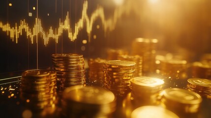 A digital gold chart with a bright upward trend line, surrounded by gold coins and bars, representing the increasing value of gold in the financial market.