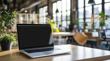 Fototapeta premium A laptop is open on a desk in a room with plants