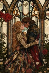 Obraz premium Romantic embrace between a couple in a stained glass setting during a serene moment