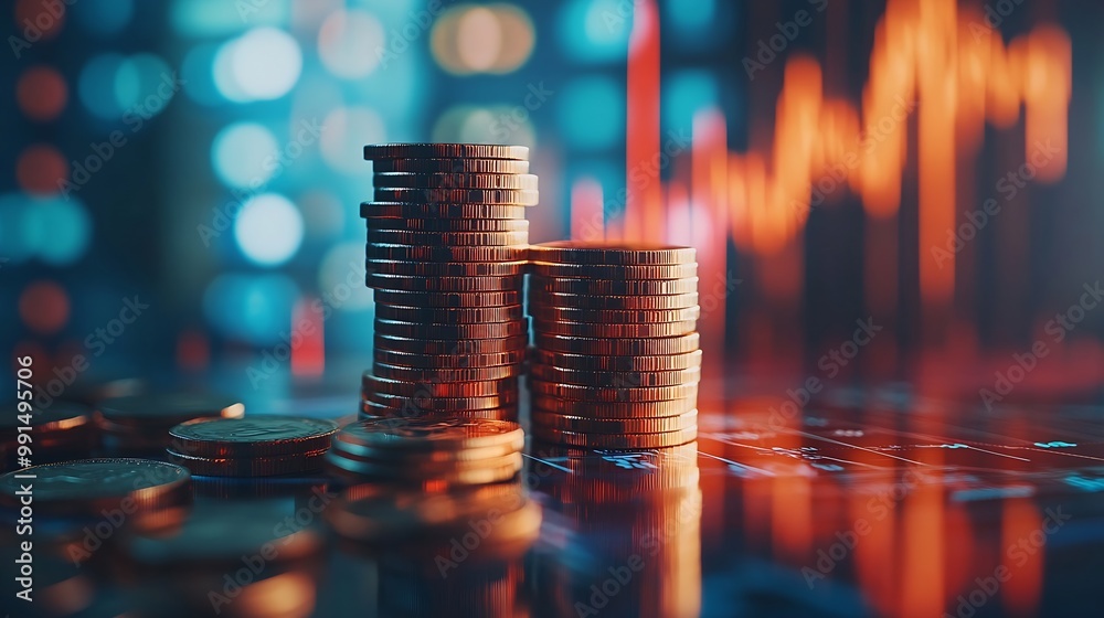 Poster stacks of coins and graphs finance concept stock business investment : generative ai