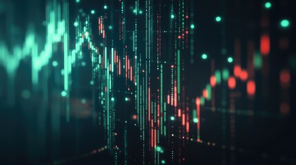 A digital stock market graph showing green and red candlesticks on a dark background, with glowing numbers and data points indicating real-time financial trends.