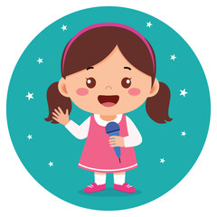 Happy cute kid girl sing a song with a microphone Illustration