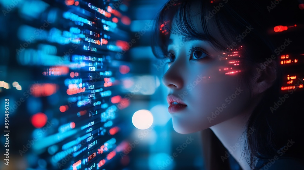 Leinwandbilder Computer code hologram and woman thinking of data analytics information technology or software overlay at night Laptop solution and IT people with algorithm statistics and cybersecurit : Generative AI