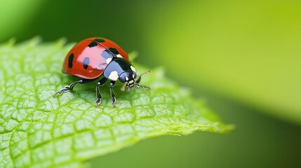 Fototapeta premium Close-up of a ladybug on a green leaf, with a large open background area for text. -