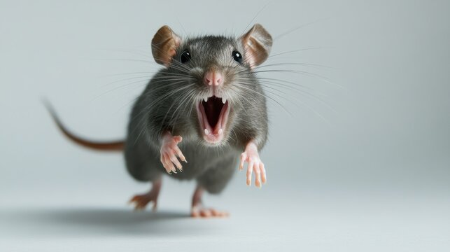 Terrified gray rat running away, mouth wide open as it screams in fear, conveying a sense of urgency and panic