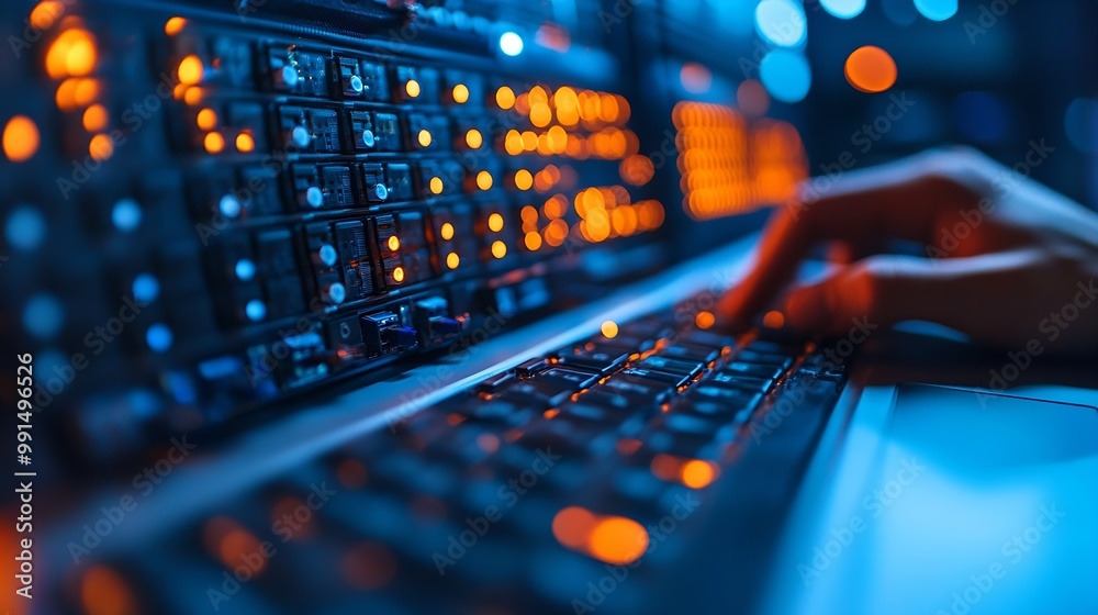 Poster Computer engineer working on laptop computer with server room data center big data storage as backgrounds digital technology database IT support telecommunication internet network tech : Generative AI