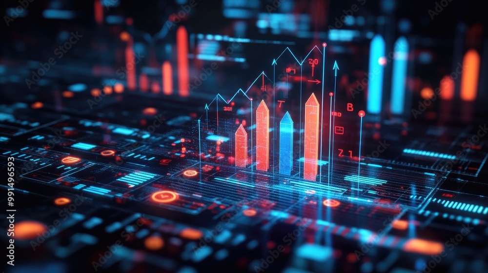 Poster a dynamic 3d bar graph with arrows pointing upward, surrounded by digital icons and glowing data poi