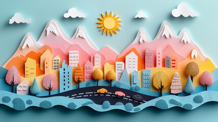 Fototapeta premium A cute cartoon vector illustration of: A car road trip ,paper cut style pastel color Trees, flowers on both sides of the road, and mountains in the background,greetingcard.
