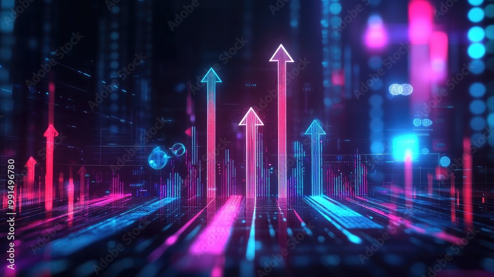 Poster a dynamic 3d bar graph with arrows pointing upward, surrounded by digital icons and glowing data poi