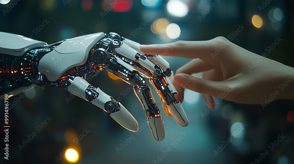 Poster AI Machine learning Hands of robot and human touching on big data network connection Data exchange deep learning Science and artificial intelligence technology innovation of futuristic : Generative AI