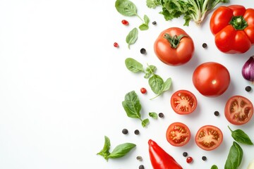 Fresh Red Tomatoes and Peppers on White Background