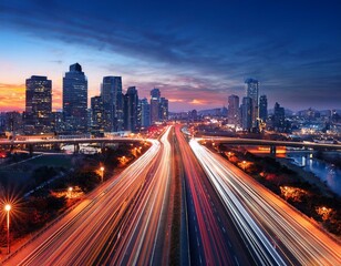 Obraz premium An evening skyline with city lights and roads captured in long exposure, creating radiant trails in the dusk sky