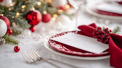 From above red holiday place setting with empty menu on white tablecloth : Generative AI
