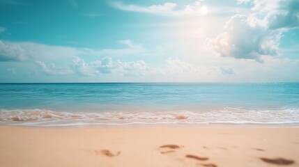 Abstract blur defocused background nature of tropical summer beach with rays of sun light Golden sand beach sea water against blue sky with white clouds Copy space summer vacation conc : Generative AI