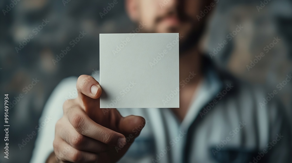 Poster Mockup square empty blank white postcard holds the man in his hand Isolated on a gray background : Generative AI