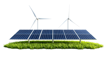 Solar panels and wind turbines stand on a patch of grass, representing renewable energy isolate on transparent background, png, cutout