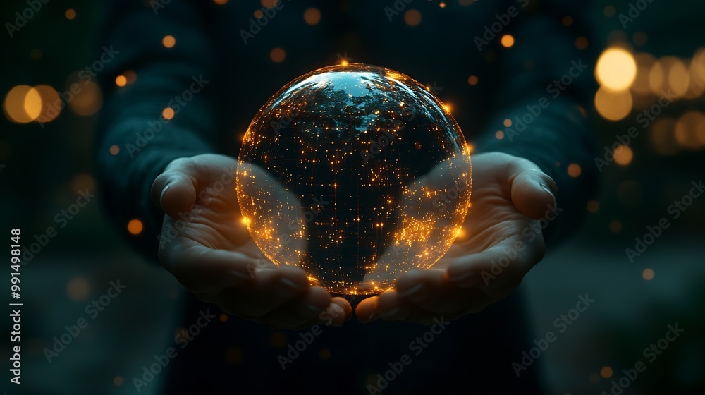 Poster Businessman holding global network connection on social networking and customer data analytics Business strategy and smart intelligence digital marketing Technology and global business : Generative AI
