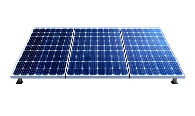 Three solar panels in a row, reflecting sunlight isolate on transparent background, png, cutout