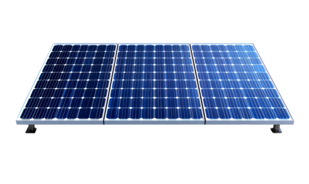 Three solar panels in a row, reflecting sunlight isolate on transparent background, png, cutout