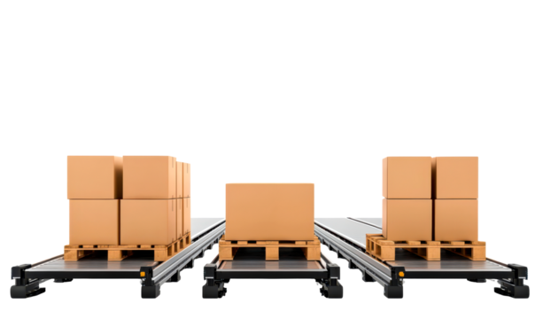 Three stacked boxes on pallets sit on a conveyor belt, warehouse logistics and storage solutions isolate on transparent background, png, cutout