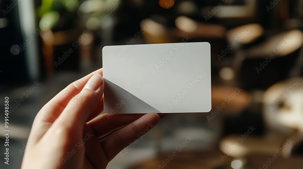 Poster hand holding blank white credit card mockup with rounded corners plain creditcard mock up template w