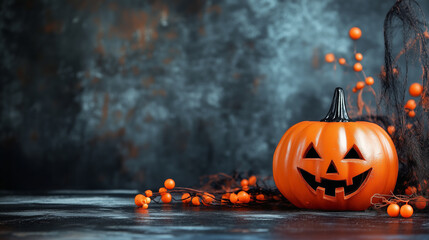 A pumpkin with a smiley face and other pumpkins are on a wooden table
