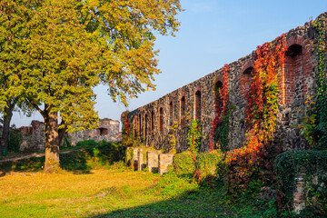 uzhhorod, ukraine - 12 oct 2008: stone castle wall in evening light. urban scenery in autumn. ivy...