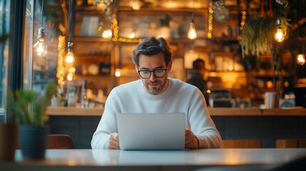 Fototapeta premium A man in cozy cafe is focused on his laptop, surrounded by warm lighting and greenery, creating relaxed atmosphere for productivity