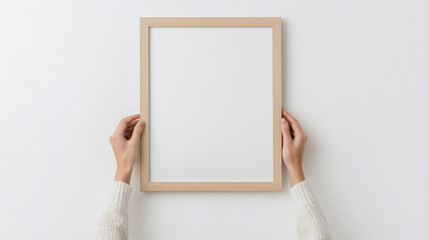 A person holds blank wooden frame against white background, ready for artwork or photo. simplicity of scene evokes sense of creativity and anticipation