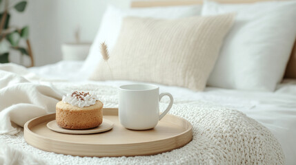 A cozy bedroom scene featuring delicious cake and cup of coffee on wooden tray. soft textures and neutral colors create warm and inviting atmosphere, perfect for relaxation