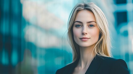 Fototapeta premium Confident and Poised Businesswoman Smiling Professionally at the in a Corporate Office Environment with Technology and Workspace Accessories