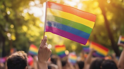 Colorful rainbow flag on hand waving, the symbol of Gay, Lesbian, Bisexual and Transgender, LGBT