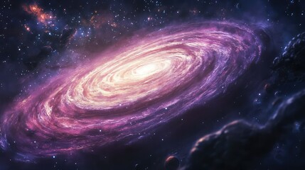 Depict an alien galaxy with unusual spiral structures, vibrant planetary rings, and distant, exotic star systems.