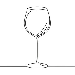 A wine glass is drawn in a lineart style. The glass is empty and has a stem. Concept of elegance and sophistication, as wine glasses are often associated with fine dining and special occasions