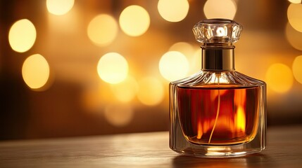 Close-up of a perfume bottle with a high-contrast label, with a blurred background providing ample room for text.