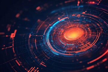 Obraz premium Abstract digital design featuring vibrant orange and blue lines radiating from a central point, creating a modern technological feel.