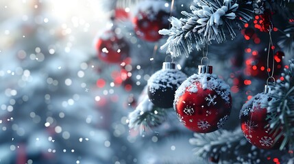 A close-up of a snow-dusted Christmas tree adorned with red ornaments, capturing the festive spirit in a serene, wintry landscape.