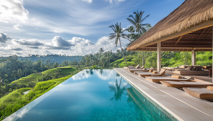 Obraz premium This image captures a luxurious, tranquil infinity pool at a high-end resort, boasting breathtaking views over a serene lake and distant mountains. The resort features traditional stonework,