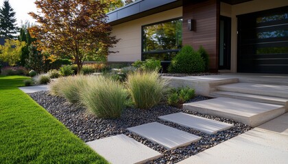 Obraz premium A contemporary house with a carefully designed front yard featuring clean lines, gravel paths, and a balance of natural and artificial elements.