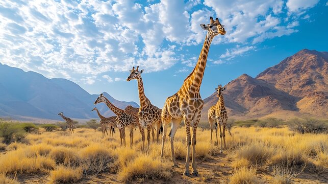 Panoramic landscape with a group of giraffes in Kalahari Desert Namibia Herd of giraffe pastured in savanna wild African animals in natural habitat safari and wilderness of the South o : Generative AI