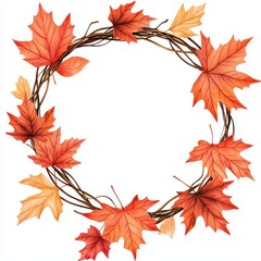 Autumn leaves wreath, vibrant colors on a white isolated background.