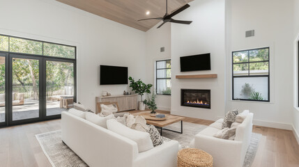 Fototapeta premium A modern living room featuring spacious layout with large windows, cozy fireplace, and stylish furniture. bright atmosphere is enhanced by natural light, creating welcoming space