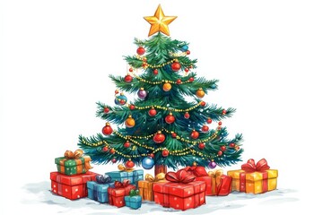 Christmas tree with ornaments, tinsel, shining star, and colorful gifts on white background