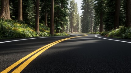 Fototapeta premium Ultra-realistic highway winding through towering redwoods, trees dwarfing the road, 8K resolution, crisp focus, lush forest scene with perfect detail, serene and majestic atmosphere
