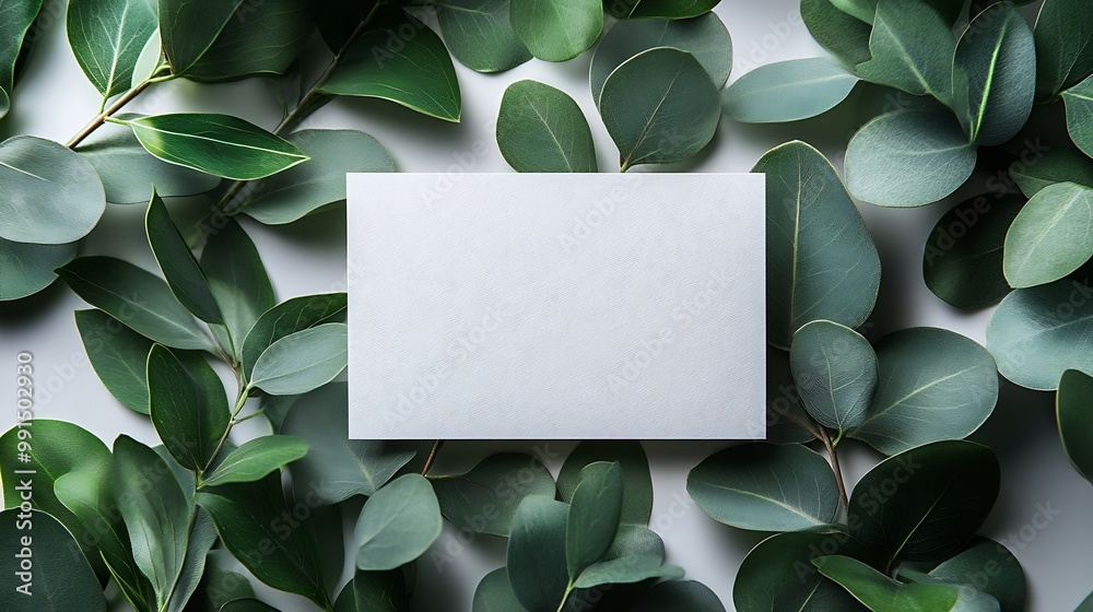 Poster mockup invitation blank greeting card and green leaves eucalyptus flat lay top view : generative ai