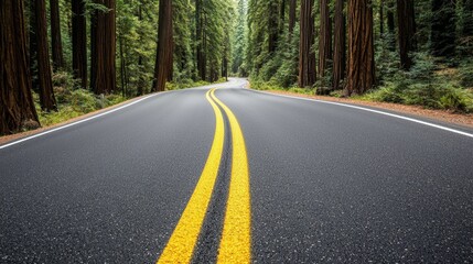 Fototapeta premium Ultra-realistic highway winding through towering redwoods, trees dwarfing the road, 8K resolution, crisp focus, lush forest scene with perfect detail, serene and majestic atmosphere